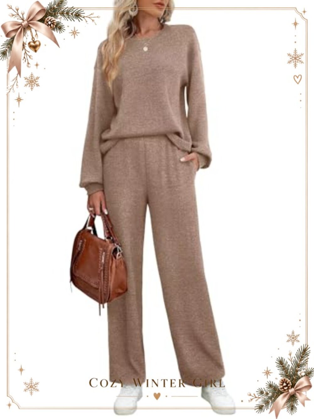 Womens 2 Piece Sweatsuit Long Sleeve Top Wide Leg Pants Set Soft Stretch Lounge